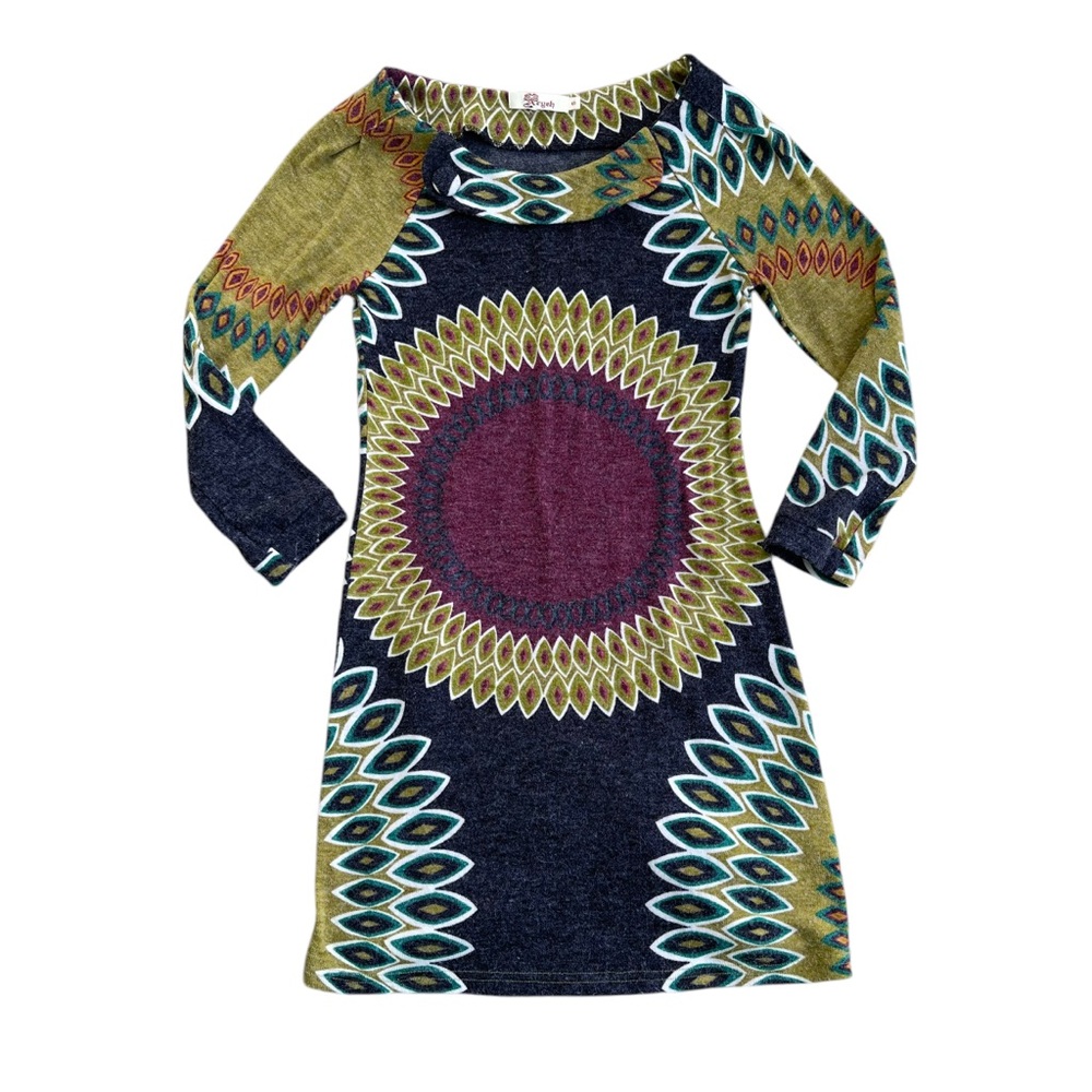 💫 Aryeh Geometric Boho Sweater Dress Gray Green Long Sleeve Small